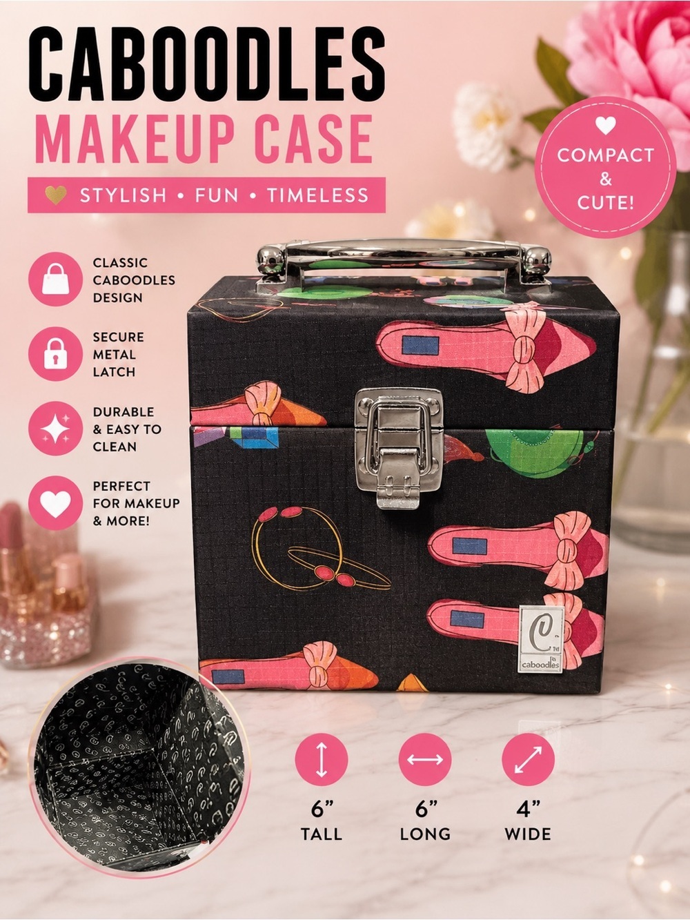 Caboodles Black Makeup Case with Pink Shoe Print
6” tall
6” long
4” wide